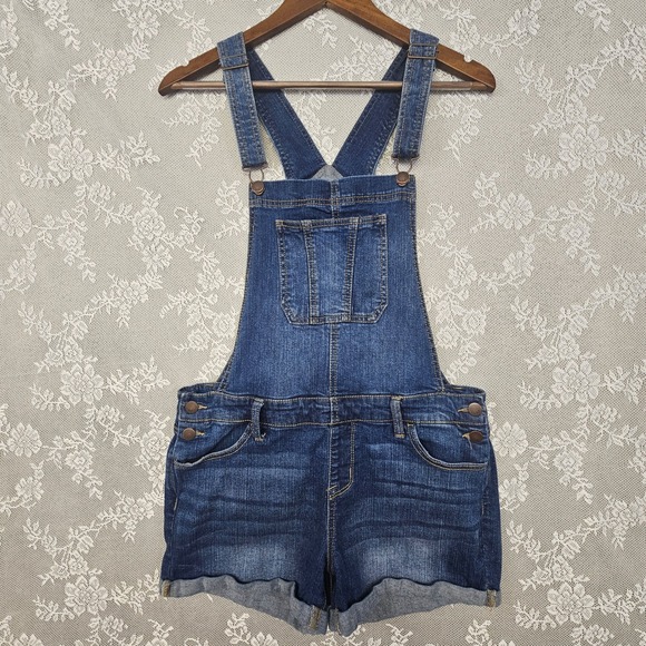 Mossimo Denim Overalls Shorts Women's Medium‎ Super Stretch Shortalls Cuffed - Picture 1 of 11